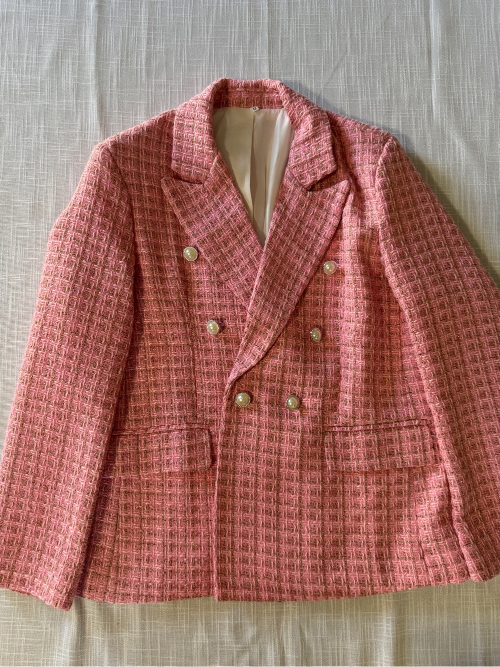 Pink Tweed Double-Breasted Women's Blazer Jacket - Picture 8 of 11